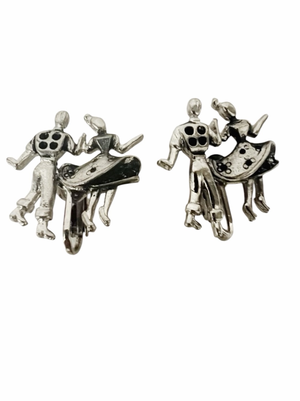 Vintage clip on Earrings Silver tone Male and Female Dancer unique 50’s style